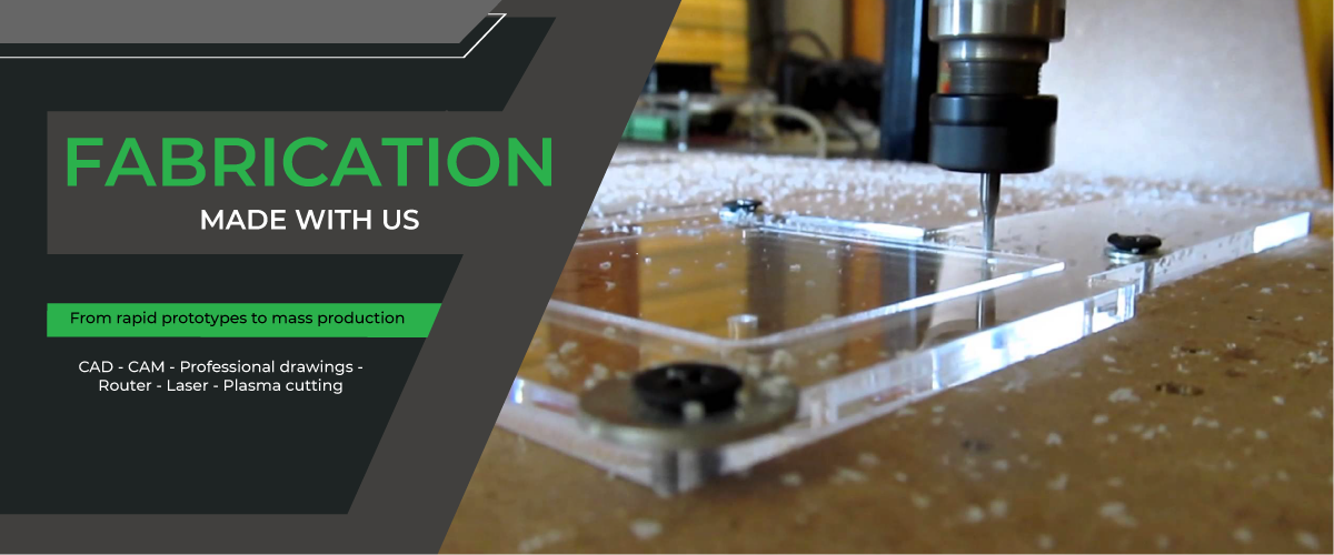 CNC router cutting a clear acrylic panel in the Figtek Fabrication workshop