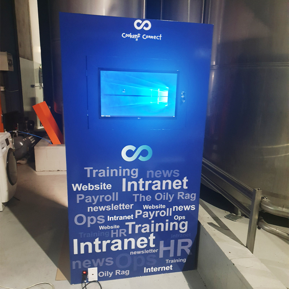 Printed blue point of sale display unit with a built in screen