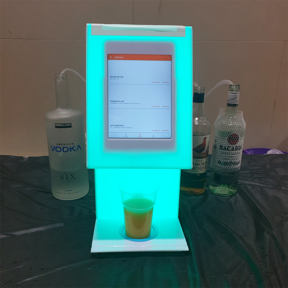 Illuminated acrylic beverage dispenser housing with a tablet controller