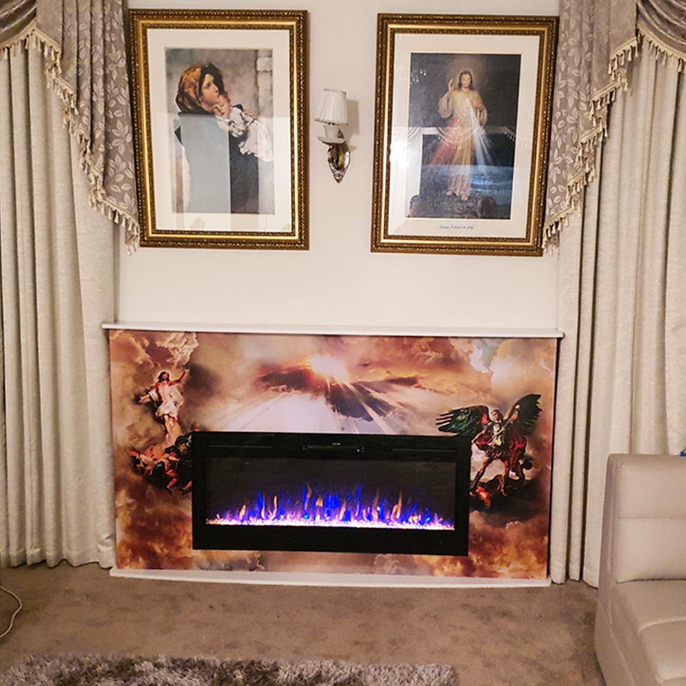 Printed decorative panel fitted as a fireplace surround in a lounge room